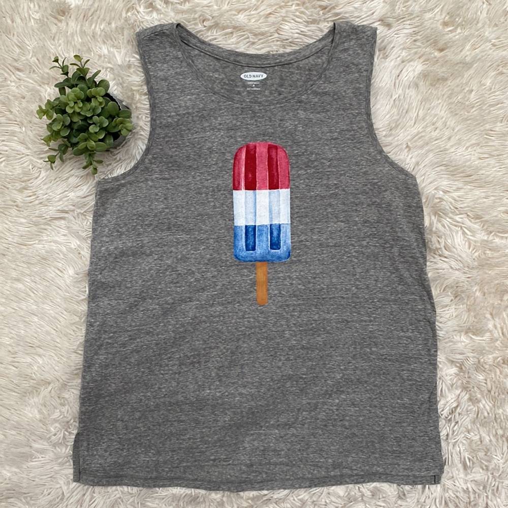 🎉2X HP🎉 Old Navy Patriotic Graphic Tank 💗 Gray Red White & Blue - Picture 3 of 13